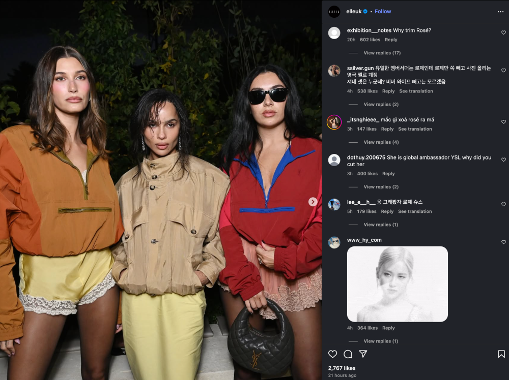 Fashion magazine ‘Elle UK’ came under fire after uploading a front-row Saint Laurent photo that cropped out Rosé, despite her role as the brand’s global ambassador. — Picture via Instagram/ElleUK