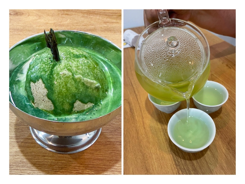 Once poured inside, the Matcha tea (left) makes an interesting combination with the Oolong Tea as you sip on a cup of Genmaicha Tea (right). —  Pictures by Lee Khang Yi
