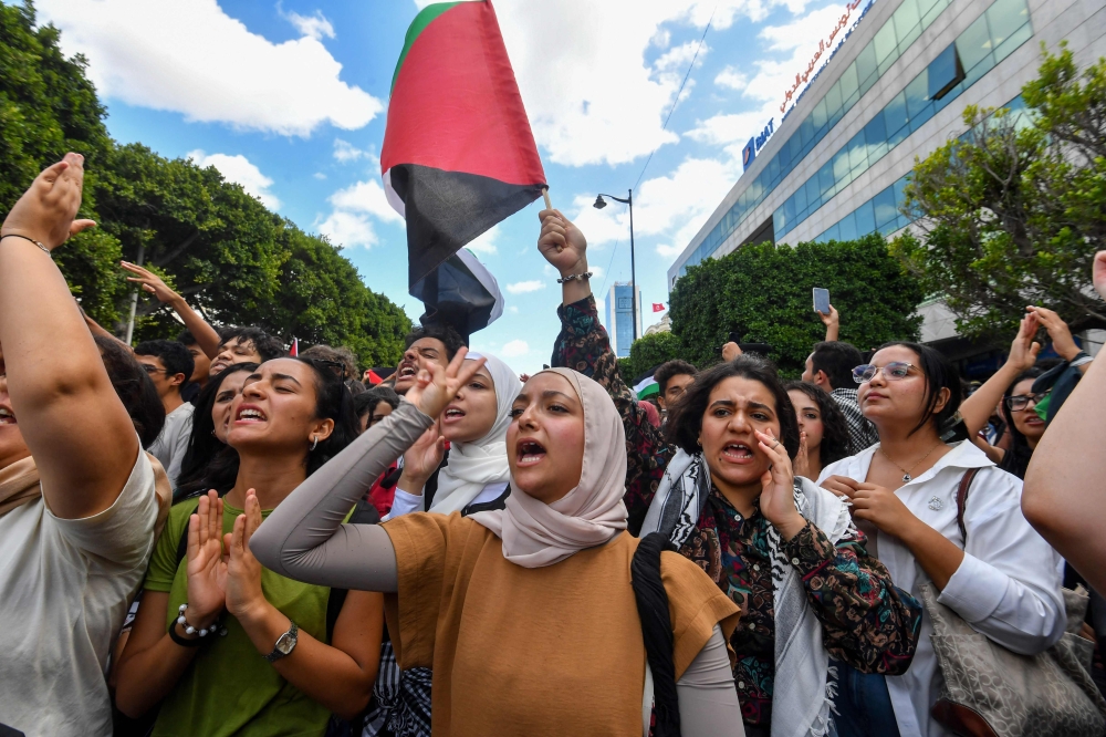 File: High school students shout slogans against Israel during a demonstration in front of the French embassy, in Tunis, on October 2, 2025. — AFP pic