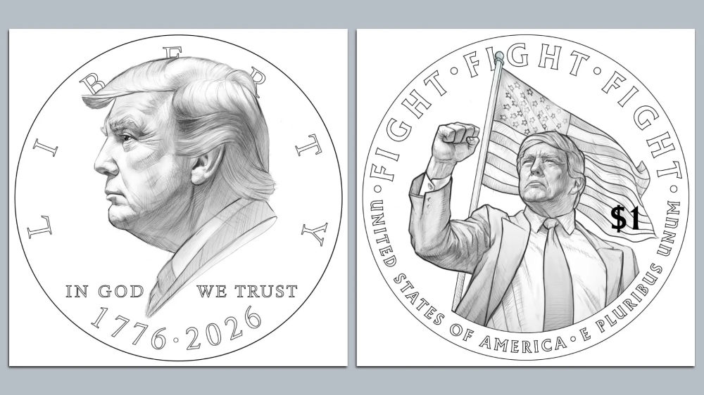 Draft design of a proposed US$1 coin featuring Donald Trump, released by the US Treasury ahead of America’s 250th independence anniversary. — Picture via Facebook