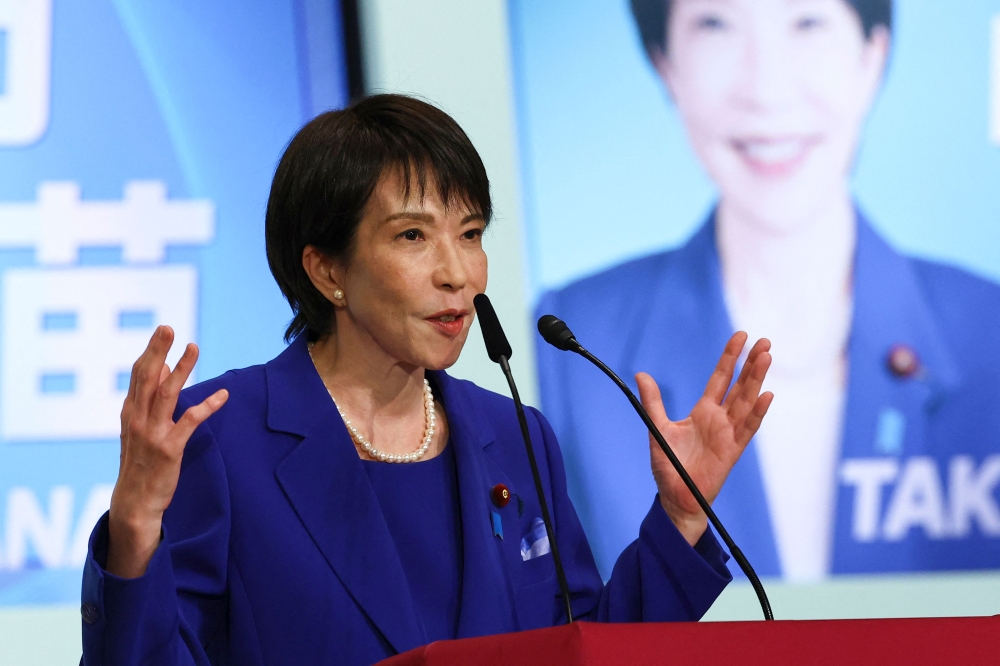 Sanae Takaichi, Japan's Prime Minister contender and former economic security minister, speaks at the Liberal Democratic Party's (LDP) leadership election in Tokyo today. — AFP pic 