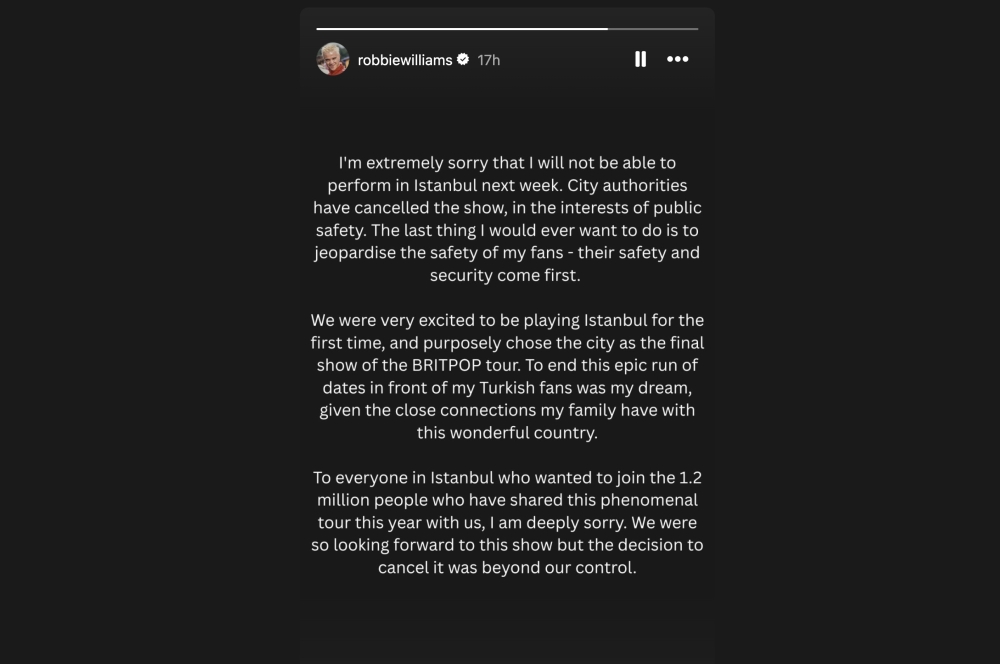 Robbie Williams wrote on Instagram late yesterday that the safety of his fans 'comes first.' — Instagram screenshot