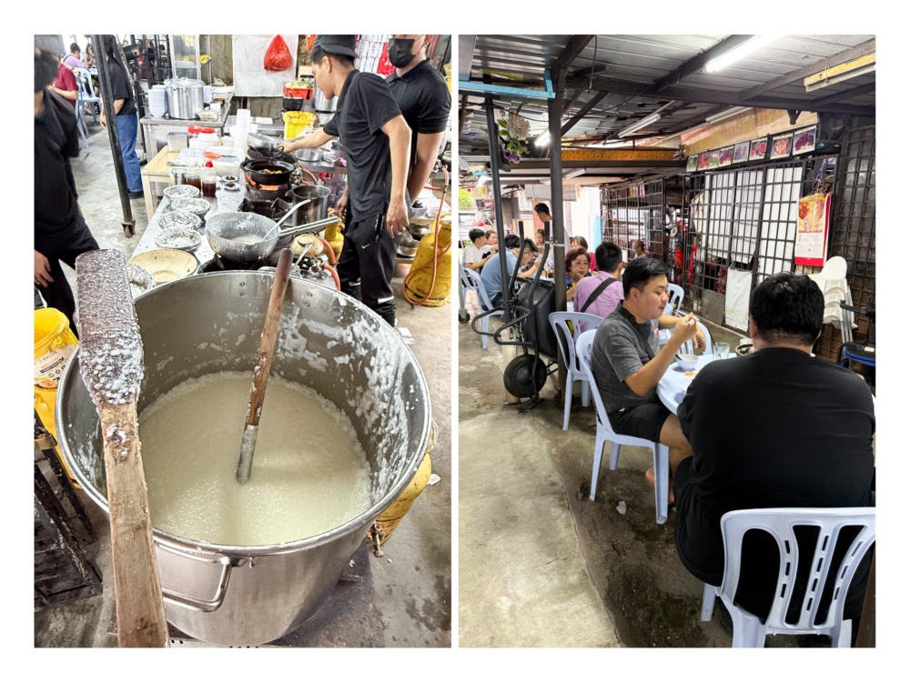 Velvety porridge is slow cooked for three to four hours (right) and the place is busy (right) even though it's only 5pm. — Picture by Lee Khang Yi