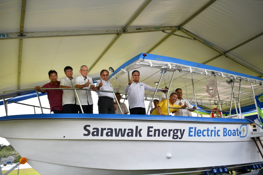 Sarawak Premier Tan Sri Abang Johari Openg inspects a Sarawak Energy-owned electric boat while attending the 40th anniversary celebration of the Batang Ai Hydroelectric Plant at the Batang Ai Operator Residence in Sri Aman, October 6, 2025. — Bernama pic 