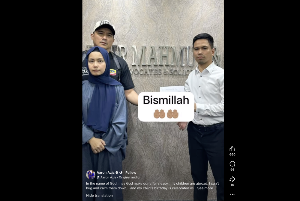 Aaron Aziz and his wife, Diyana Halik, meet with their lawyer as the actor moves to take legal action over a viral Gaza video. — Screengrab from Facebook video