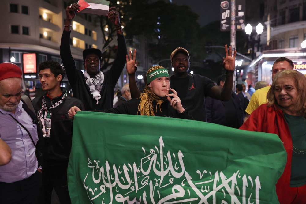 eople attend a protest in support of Hamas and calling for an end to the Israeli occupation of Palestinian territories during the second anniversary of the October 7, 2023, attack on Israel by Hamas from Gaza, in Sao Paulo, Brazil, October 7, 2025. — Reuters pic  