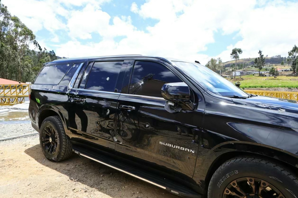 This handout picture released by the Ecuadorian Presidency shows one of the vehicles in the motorcade carrying Ecuador's President Daniel Noboa, which was attacked by gunfire in Caٌar, Ecuador, on October 7, 2025. — Ecuadorian Presidency handout pic via Reuters 