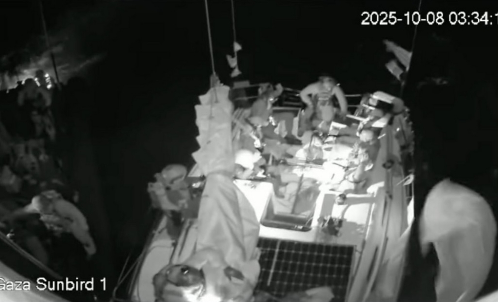 Livestream footage shows Israeli forces intercepting a ‘Thousand Madleens To Gaza’ vessel in international waters earlier today. — Screenshot via Facebook/Thousand Madleens to Gaza