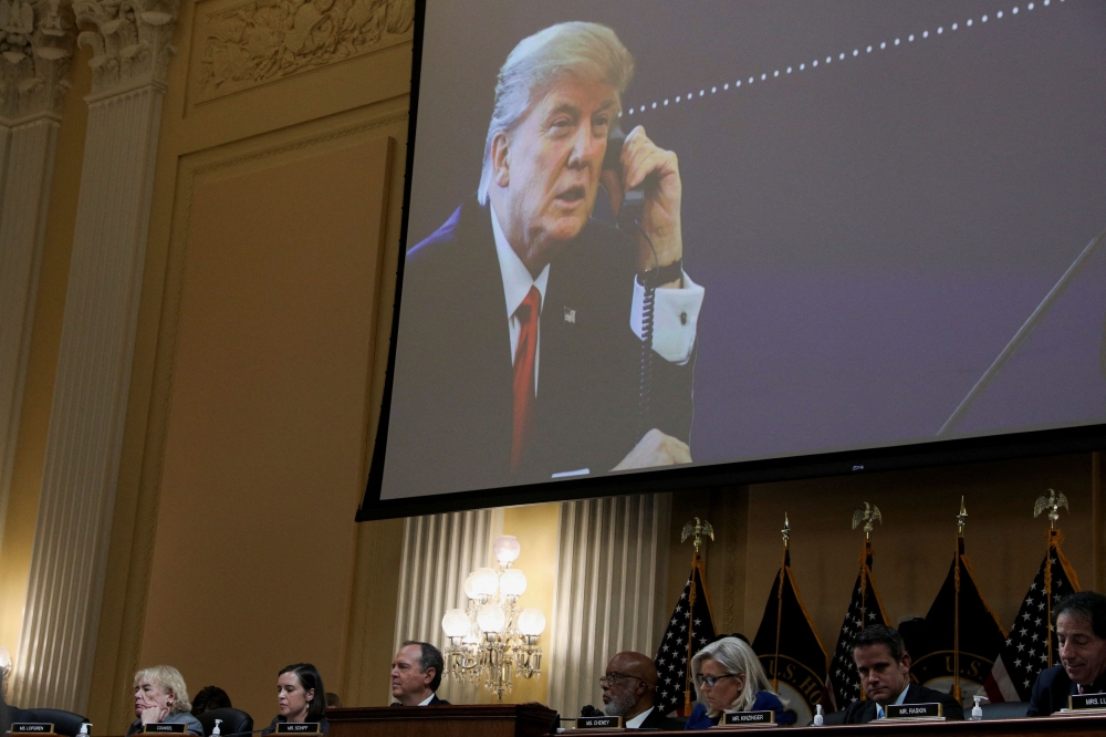 An audio recording of a phone call between President Donald Trump and Georgia Secretary of State Brad Raffensperger is played during the US House committee hearing on the January 6 attack in Washington on June 21, 2022. — Reuters pic