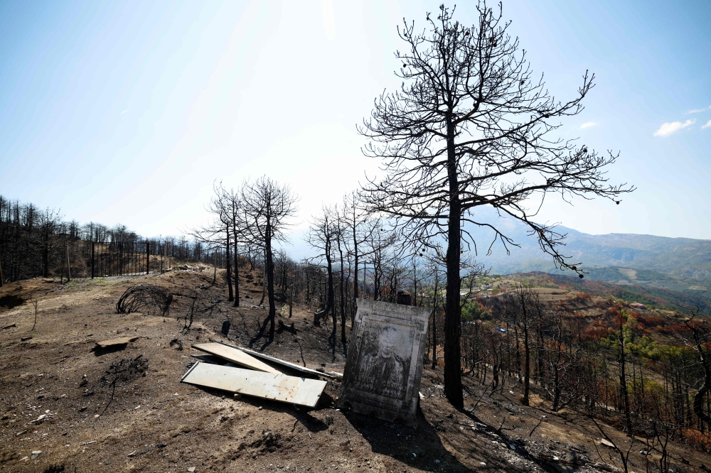 This photograph shows a damaged cemetery in a burned forest, in Skenderbegas, near Gramsh September 16, 2025. — AFP pic 