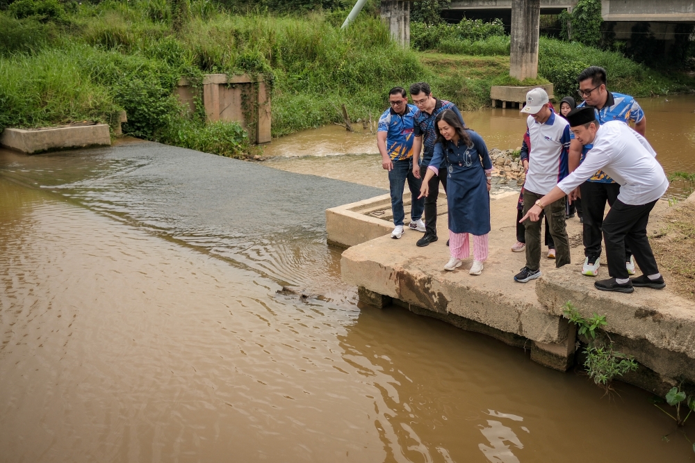 Deputy Communications Minister Teo Nie Ching (third left) looks at tilapia and lampam fish released during the Gotong-Royong Perdana Kulai parliamentary programme held in conjunction with Habitat Day at Kampung Melayu Bukit Batu today. — Bernama pic