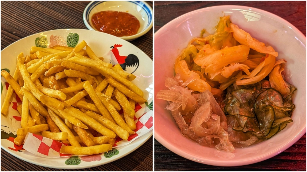 Chicken fat fries (left) and the trio of pickled vegetables (right). — Picture by Ethan Lau