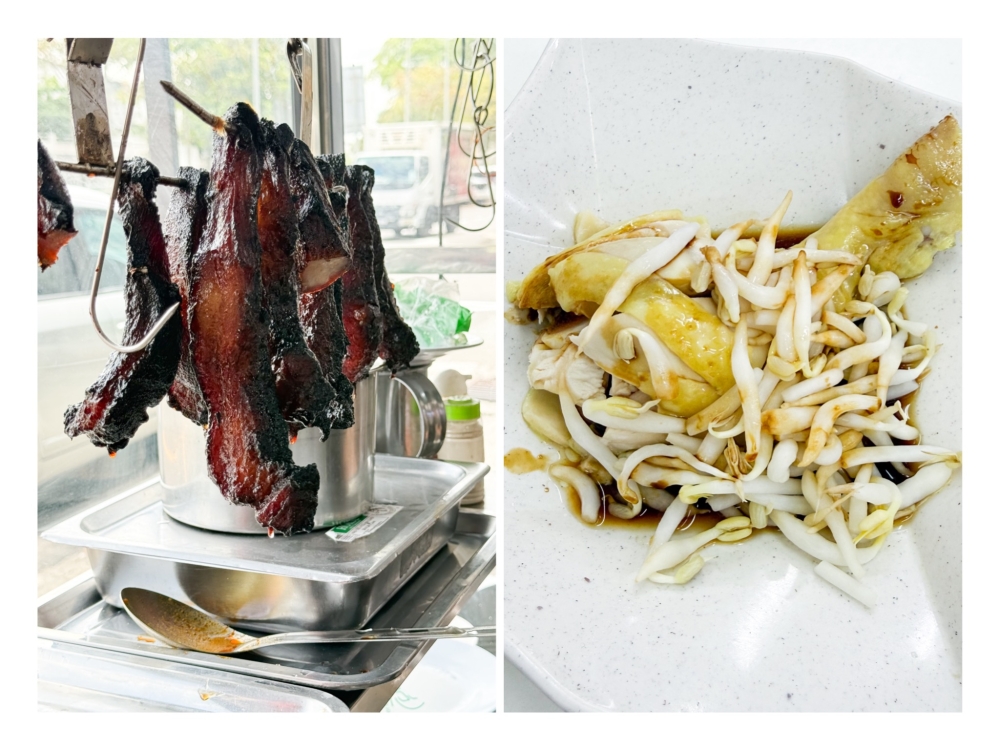 The secret behind the 'char siu' is the use of the pork neck cut (left) and poached chicken (right) is also served on the side with the short, stubby Ipoh-sourced bean sprouts. 