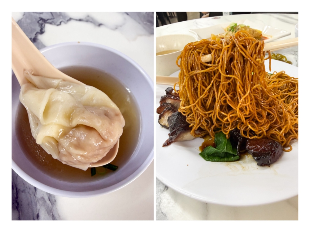 Plump 'wantans' (left) stuffed with minced pork and prawns and springy egg noodles (right) coated in dark soy sauce and lard are part of the whole experience here. 
