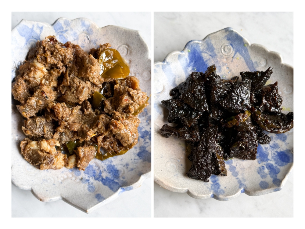 Rendang Daging (left) has beef cooked till tender and coated in a coconut rich gravy while the Paru Berempah (right) uses tender pieces of cow's lungs. — Picture by Lee Khang Yi
