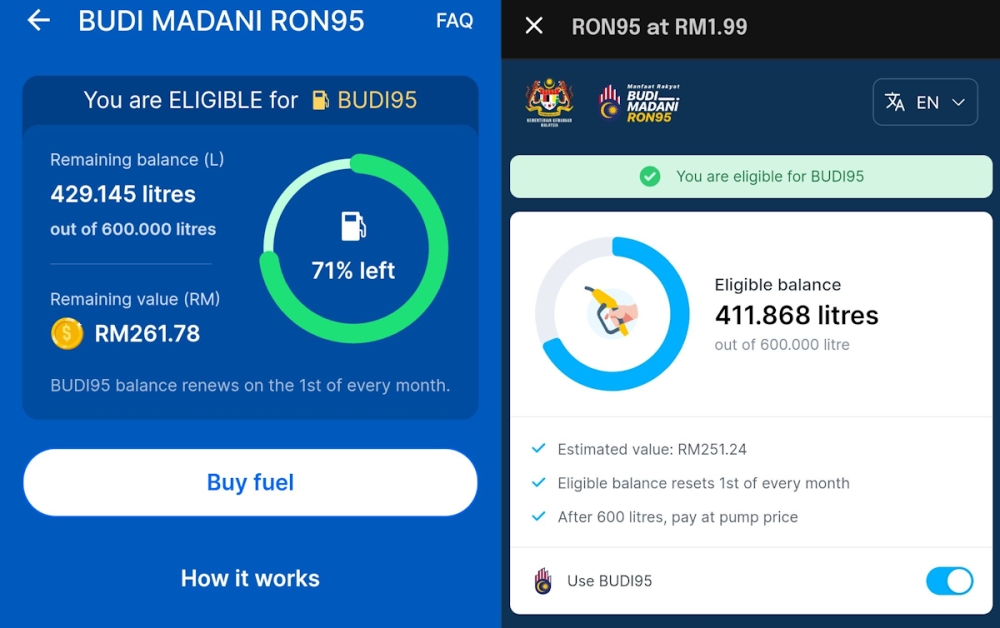 The new 600 litre quota for the eligible full-time e-hailing drivers, as shown on Touch ‘n Go eWallet (L) and Setel (R). — Picture from Facebook/ Eeiyy Sham, Sai Zul
