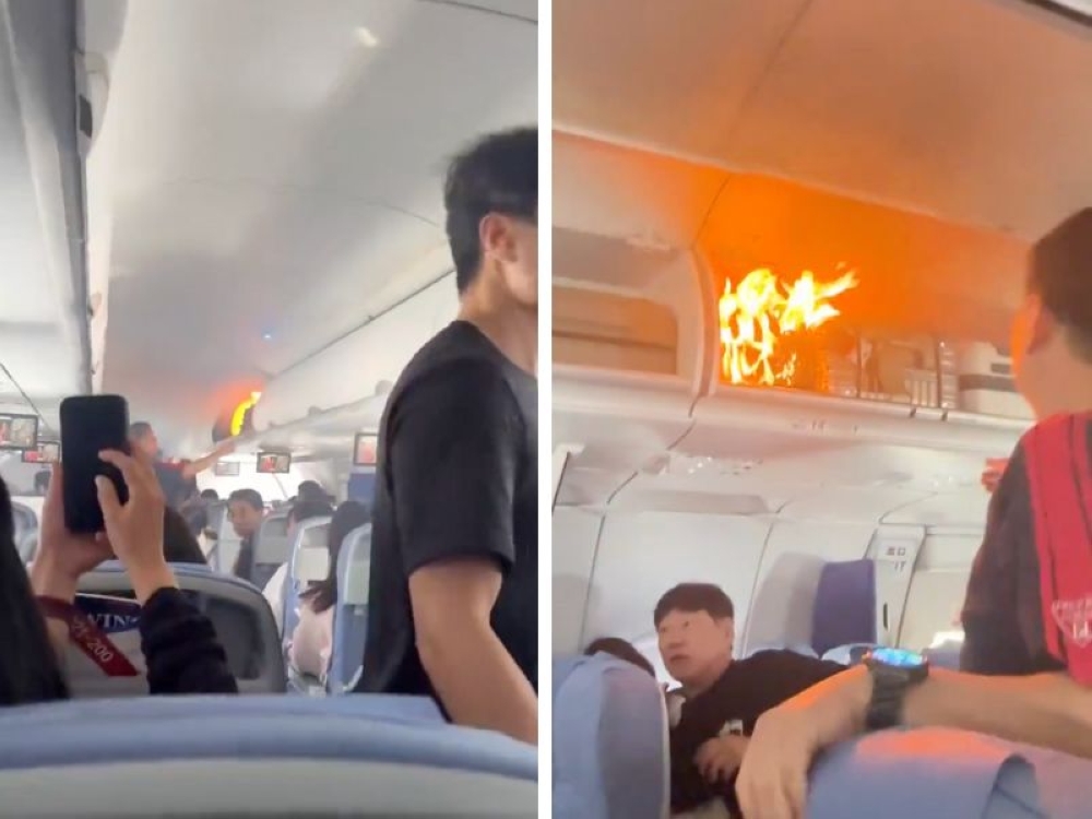 An Air China passenger’s carry-on lithium battery spontaneously ignited mid-flight while en route from Hangzhou to Incheon International Airport in South Korea on October 18, 2025, forcing the plane to land in Shanghai instead. — Screenshots from X/aviationbrk