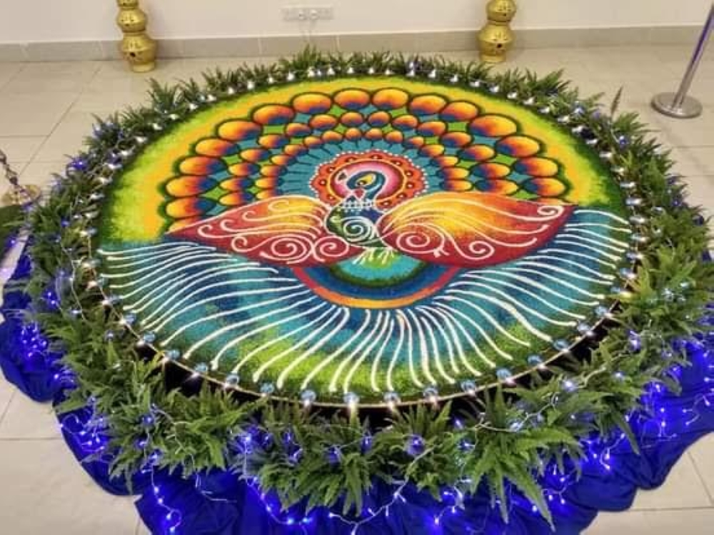 A peacock motif ‘kolam’ for Deepavali by Mehnaga. — Picture courtesy of Mehnaga Mathivanan