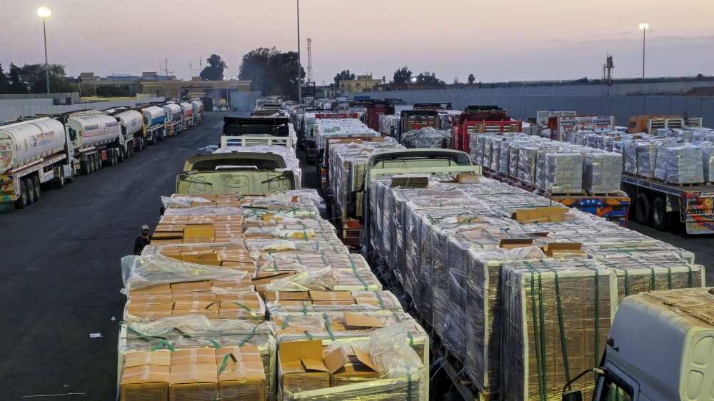 Trucks carrying humanitarian aid and fuel line up at the crossing into the Gaza Strip at the Rafah border on the Egypt side, amid a ceasefire between Israel and Hamas in Gaza, in Rafah, Egypt, October 17, 2025. — Reuters pic
