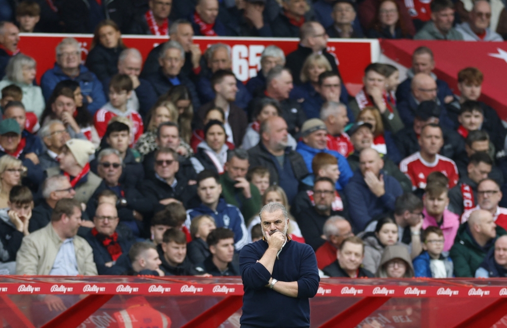 Nottingham Forest manager Ange Postecoglou reacts during their Premier League match with Chelsea at The City Ground in Nottingham October 18, 2025. — Action Images pic via Reuters/Peter Cziborra