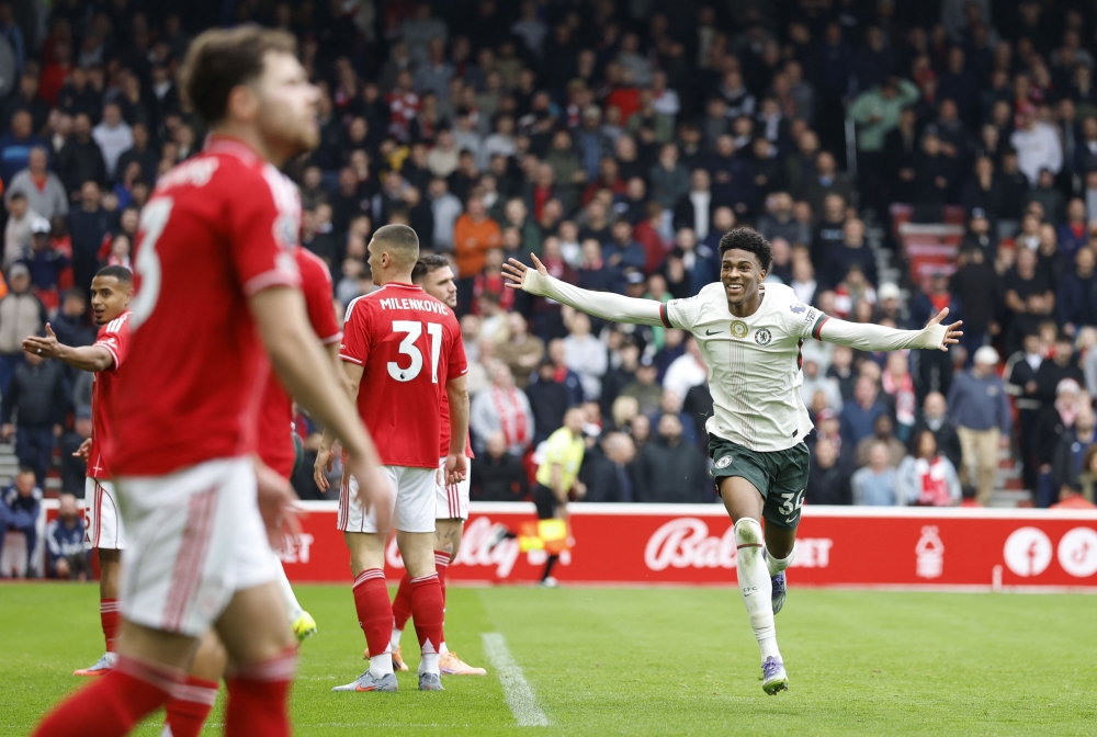 Chelsea’s Josh Acheampong celebrates scoring their first goal during their Premier League match with Nottingham Forest at The City Ground in Nottingham October 18, 2025. — Action Images pic via Reuters/Peter Cziborra