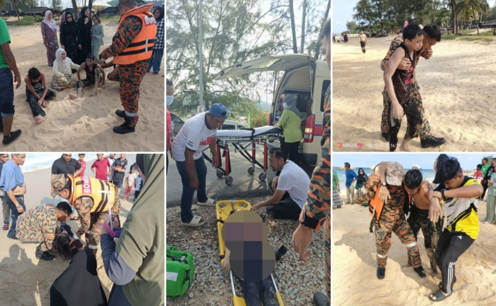 A family outing at Pantai Penunjuk in Kijal here yesterday ended in tragedy when a woman and her niece died while five others nearly drowned after being swept away by strong waves. — Bernama pic/