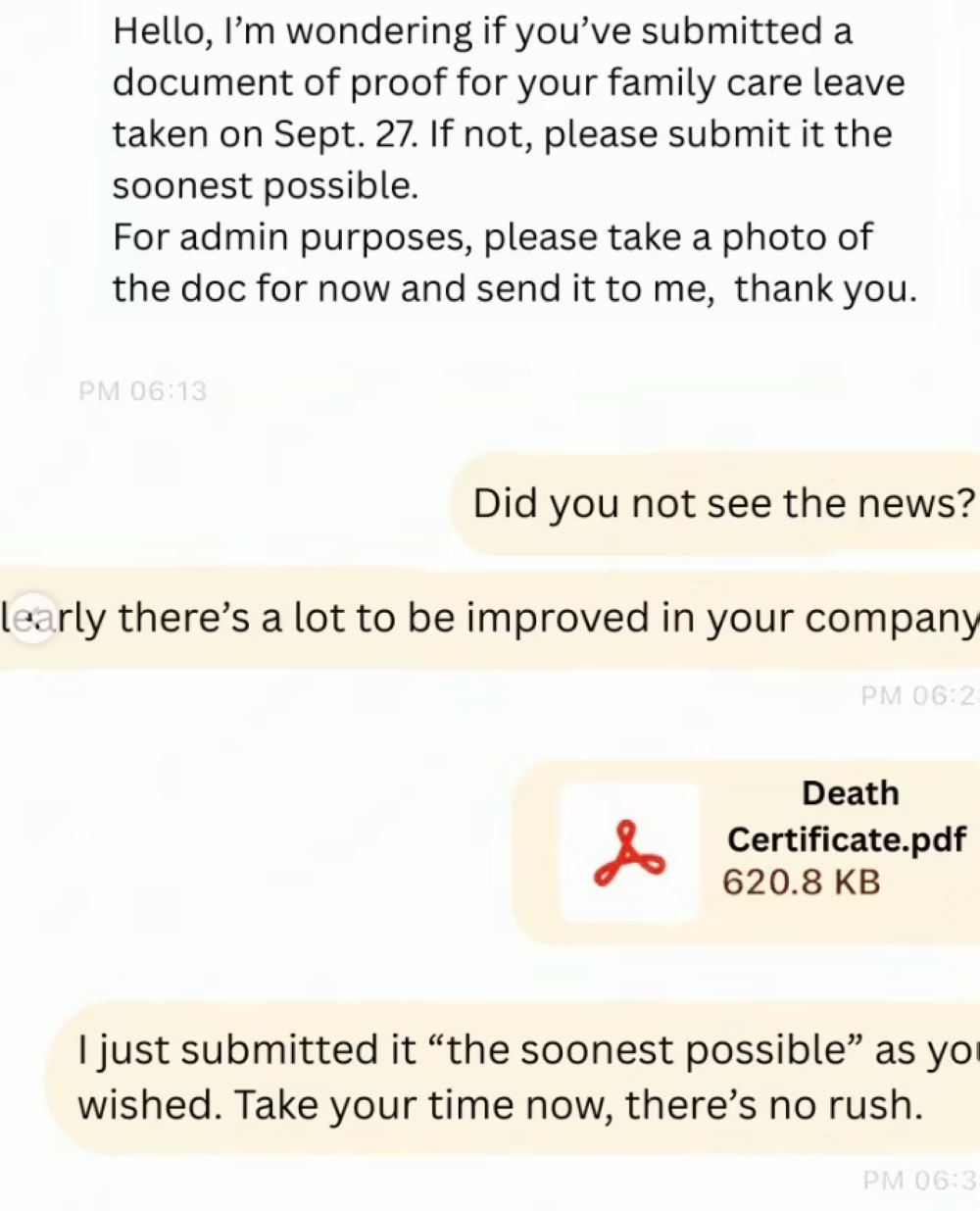 The screenshot allegedly shared by the flight attendant’s family of the airline’s leave request on the day of her funeral.
