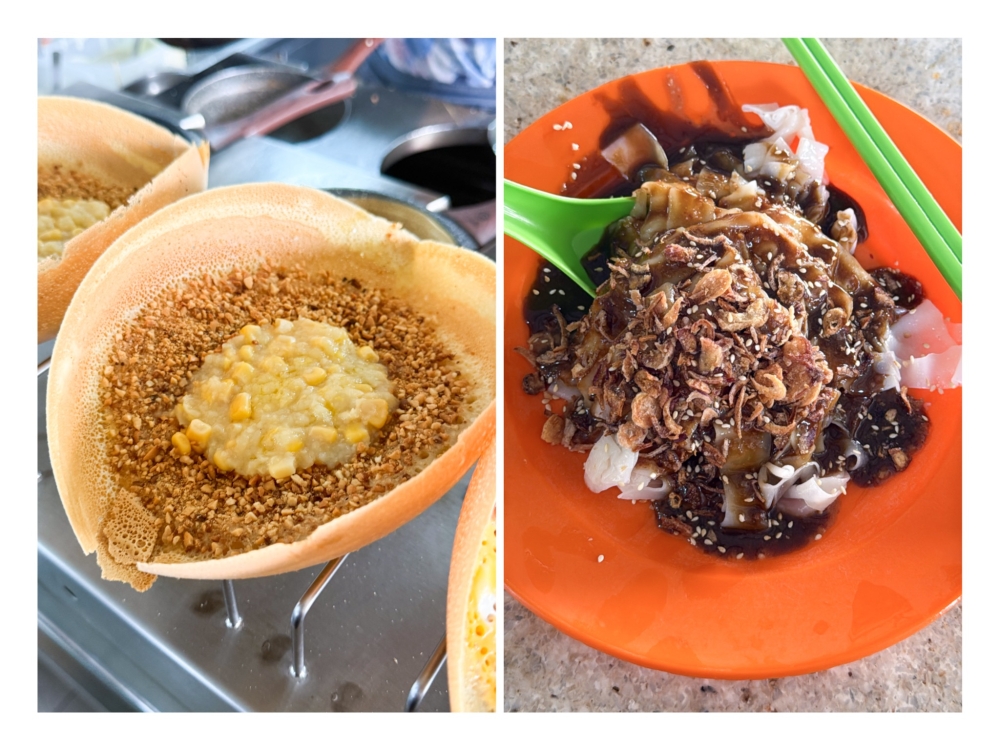 Best eats when dining at Restoran O & S include crunchy pancake with toasted peanuts and sweet corn (left) together with prawn paste ‘chee cheong fun’ (right). — Pictures by Lee Khang Yi