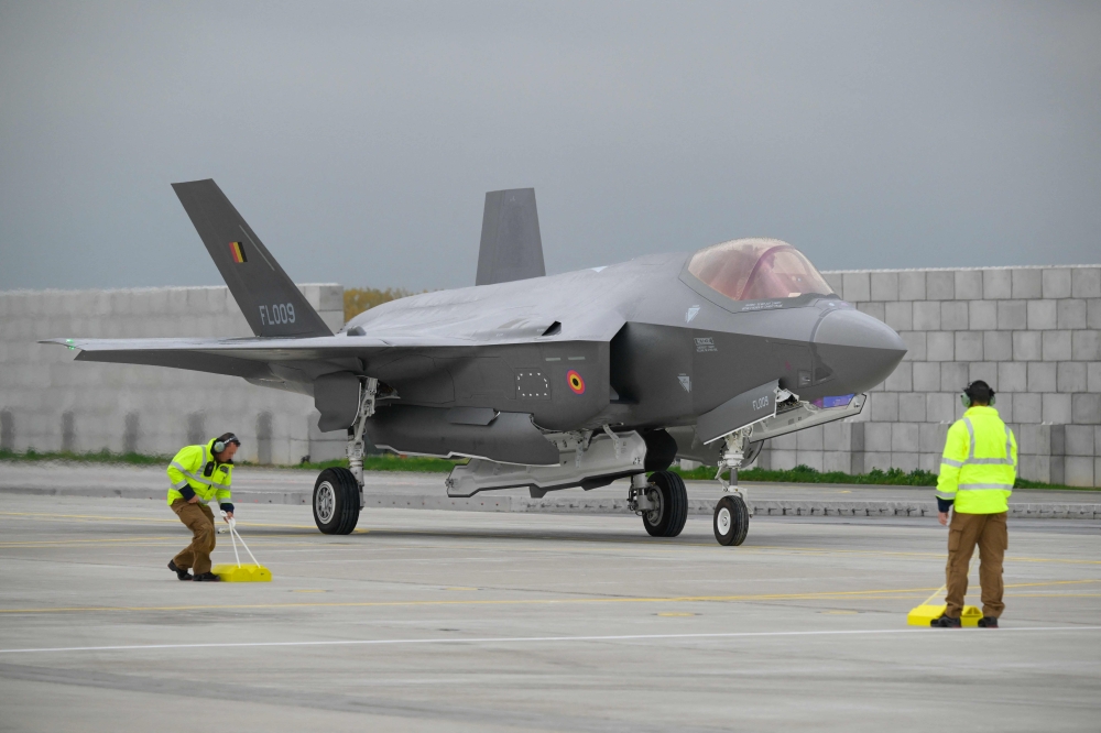 This photograph shows a Belgium's newly purchased Lockheed Martin F-35 Lightning II fighter jet for the first time, after arriving at the Florennes military airbase, southern Belgium October 13, 2025. German Defence Minister Boris Pistorius intends to order an additional 15 F-35 fighter jets from US manufacturer Lockheed Martin, a parliamentary source told Reuters today. — AFP pic