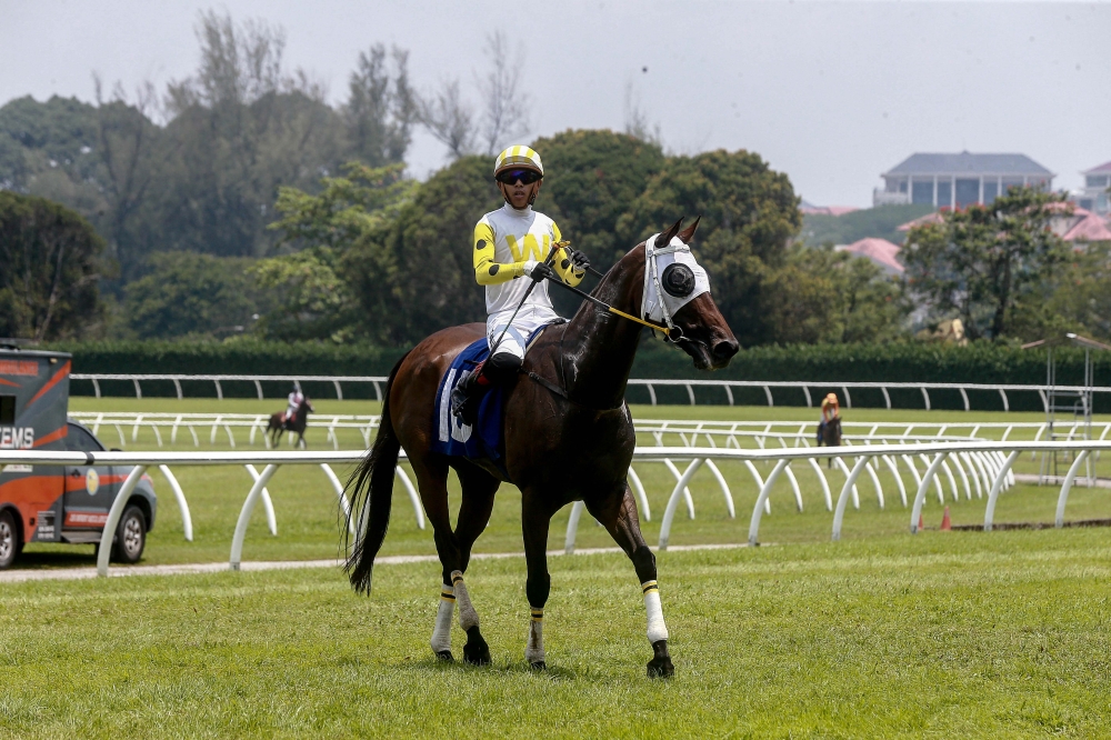 Apprentice jockey Muhammad Ikram Jamaludin seen here posing with his full racing gear on a race day. — Picture by Sayuti Zainudin
