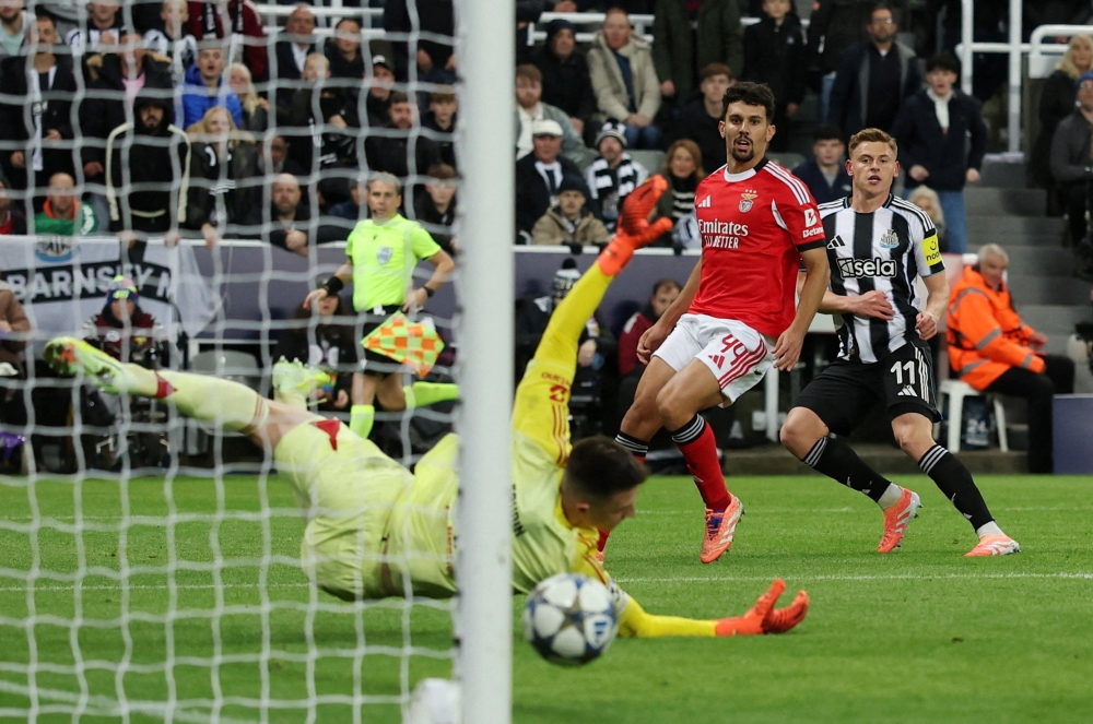 Newcastle United’s Harvey Barnes scores their second goal against Benfica at St James’ Park, Newcastle, October 21, 2025. — Reuters pic 
