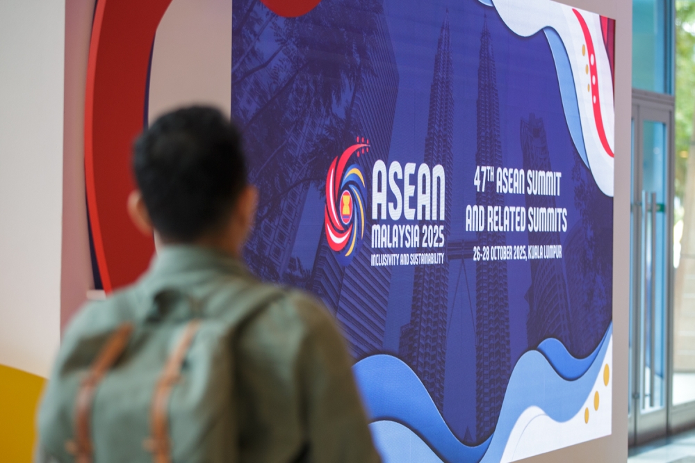 Logo of the 47th Asean Summit featuring the Asean Malaysia 2025 theme ‘Inclusivity and Sustainability' at the International Media Centre, Kuala Lumpur today. — Picture by Raymond Manuel.