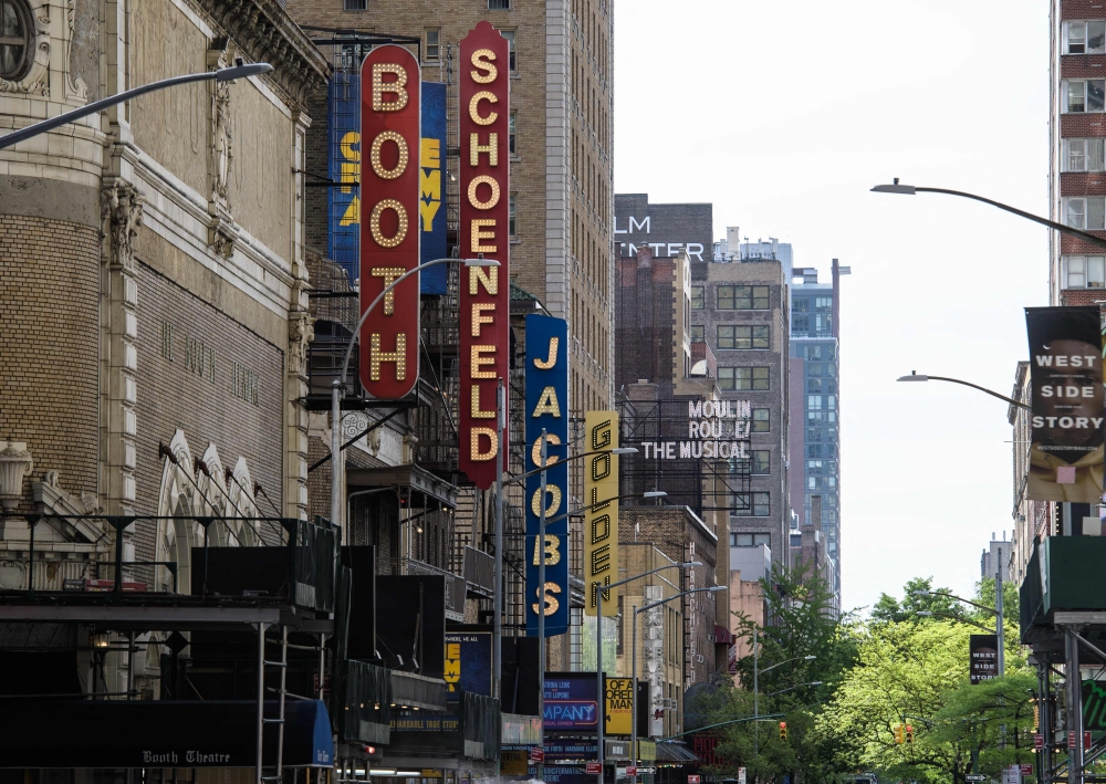 A view of Broadway Theatres in New York City May 6, 2021. The union representing Broadway musicians announced a tentative agreement with theatre owners yesterday that would avert a strike. — AFP pic
