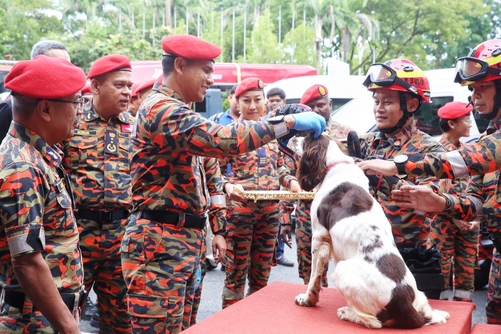 Fire and Rescue Department Director-General Datuk Seri Nor Hisham Mohammad introduces a new member of the K9 detection unit in Putrajaya. — Picture by Choo Choy May