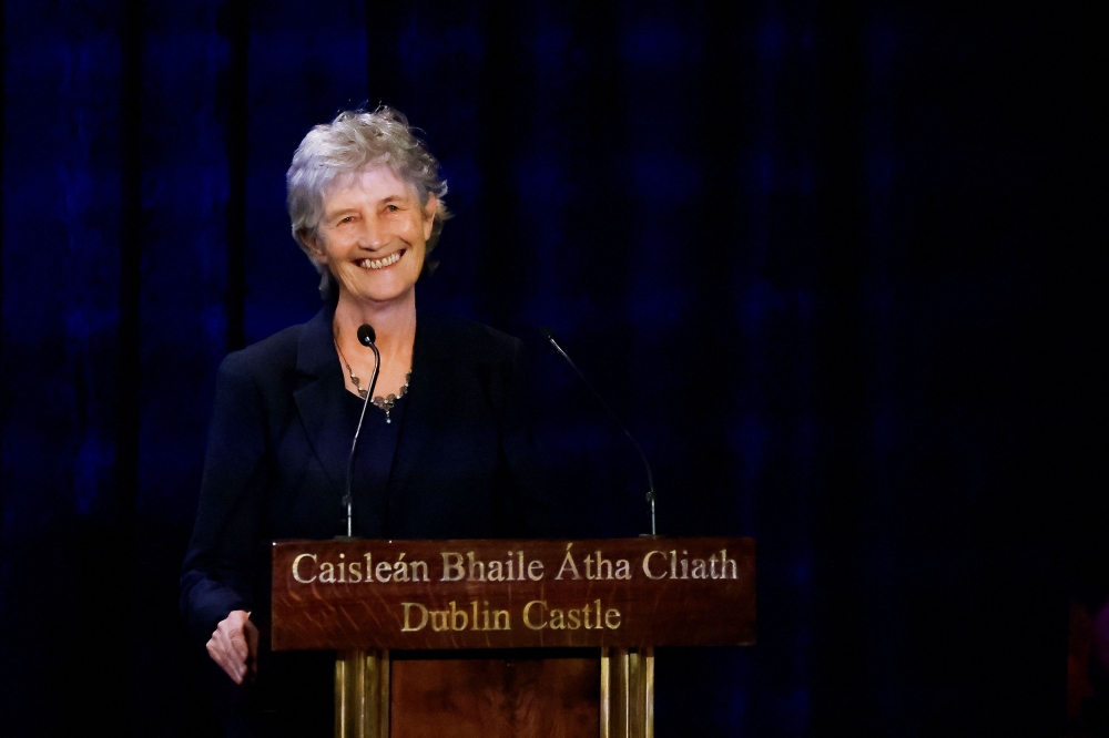 President-elect Catherine Connolly smiles as she stands on a stage at Dublin Castle, on the day of the announcement of the results of the Irish presidential election in Dublin, Ireland, October 25, 2025. — Reuters pic 