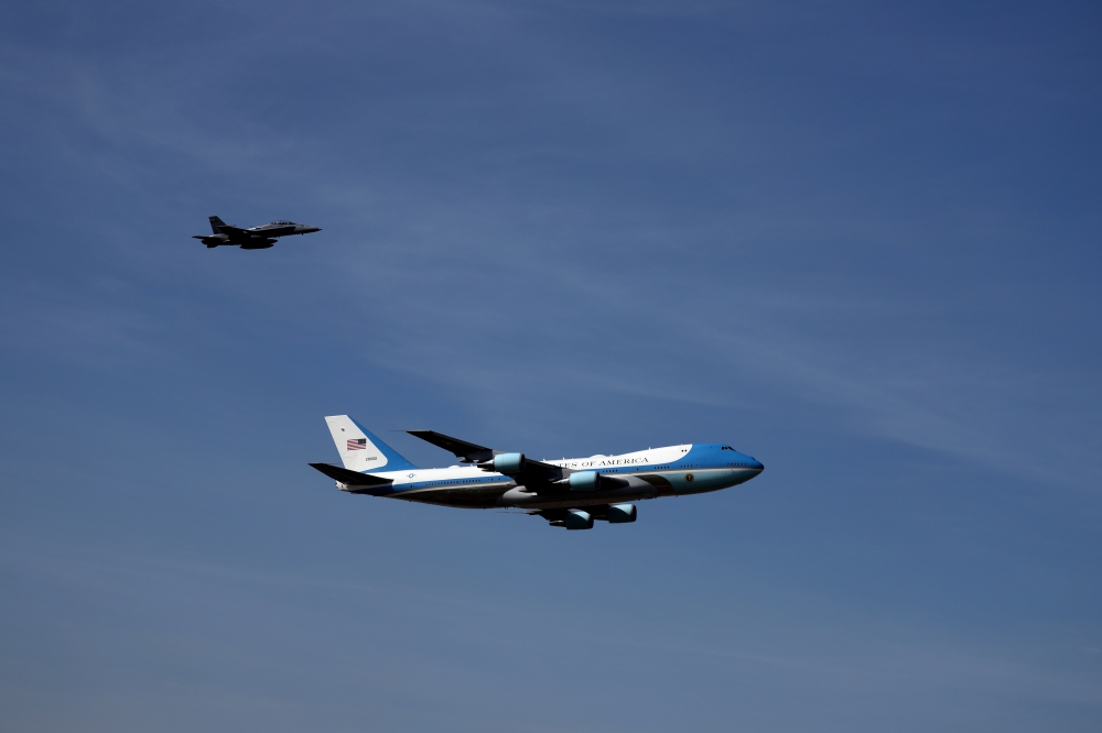 A Royal Malaysian Air Force F/A-18 gave Air Force One a warm welcome today as the US presidential aircraft entered Malaysian airspace ahead of the 47th Asean Summit. — Bernama pic