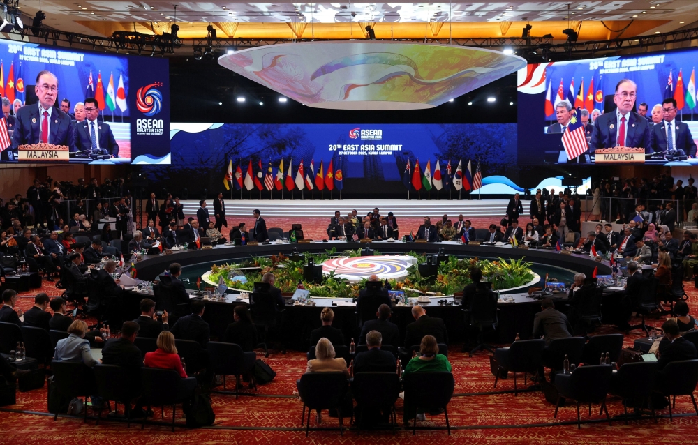 Chairman of the Association of South-east Asian Nations (Asean) and Malaysia’s Prime Minister, Datuk Seri Anwar Ibrahim, is projected on screens during the 20th East Asia Summit (EAS), as part of the 47th Asean Summit in Kuala Lumpur, Malaysia October 27, 2025. — Reuters pic 
