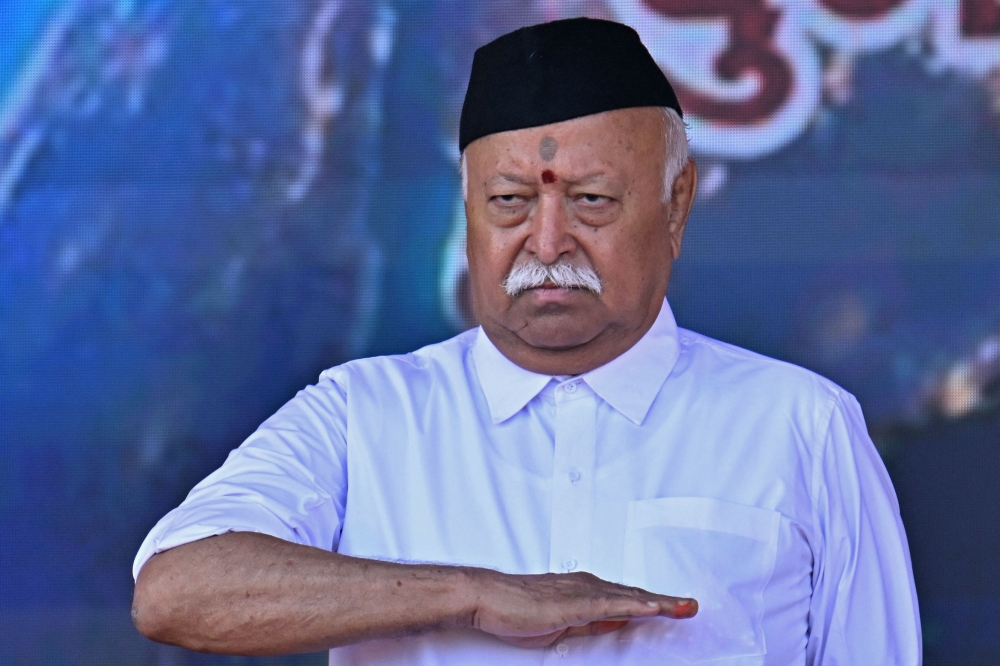 RSS chief Mohan Bhagwat attends the centenary celebrations of the Hindu nationalist organisation at Reshimbagh Ground in Nagpur on October 2, 2025. — AFP pic