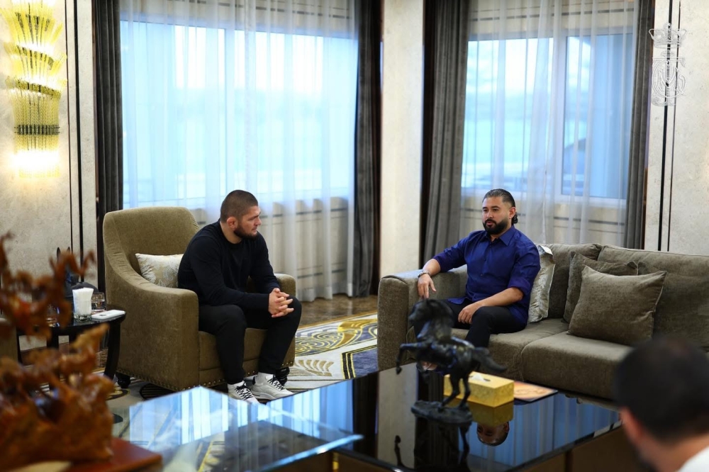 Regent of Johor Tunku Mahkota Ismail with former Ultimate Fighting Championship (UFC) lightweight world champion Khabib Nurmagomedov (left) during a visit to Johor in October last year. — Picture via Facebook/HRH Crown Prince of Johor 