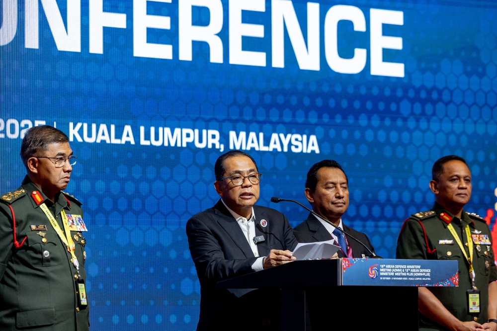 Defence Minister Datuk Seri Mohamed Khaled Nordin speaks at a press conference after a walkabout at the 19th Asean Defence Ministers’ Meeting (ADMM) and 12th ADMM-Plus at the Kuala Lumpur Convention Centre, October 30, 2025. — Picture by Firdaus Latif