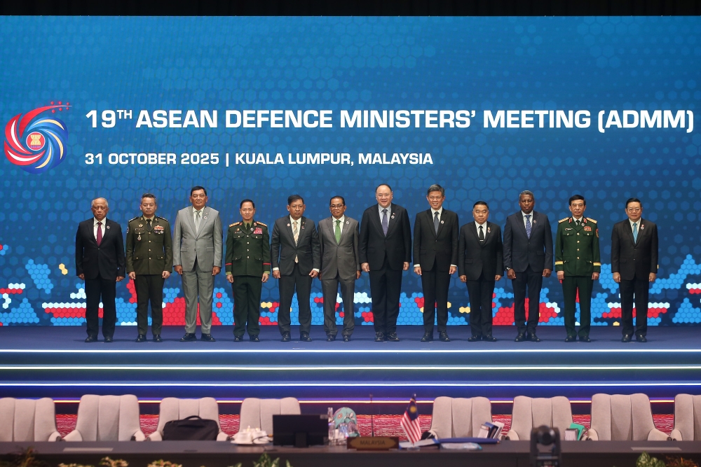 Defence Minister Datuk Seri Mohamed Khaled Nordin (centre) poses for a group picture with Asean defence ministers during the 19th Asean Defence Minister Meeting (ADMM) at the Kuala Lumpur Convention Centre, October 31, 2025. — Picture by Yusof Isa