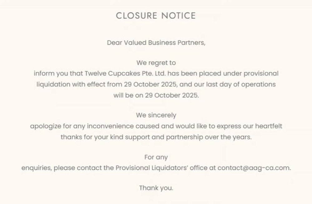 Twelve Cupcakes announced the immediate closure of its Singapore business on its social media platforms on October 29, 2025. — Picture from Instagram/twelvecupcakes