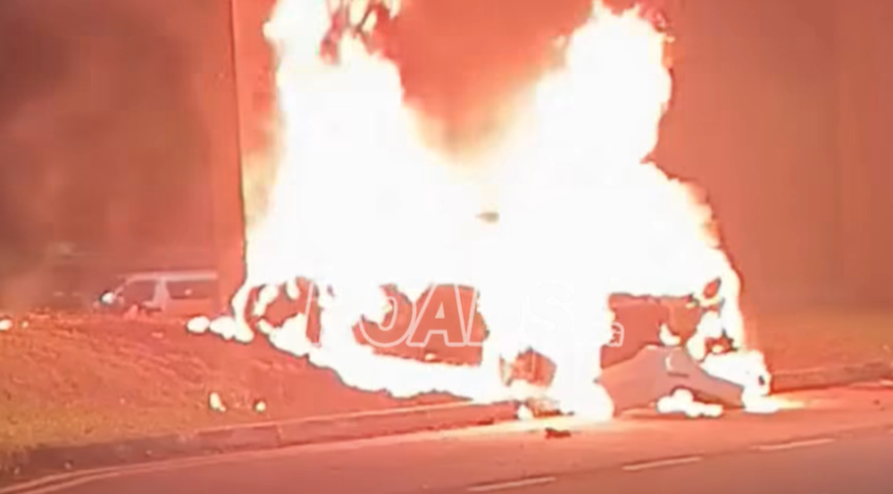 A man has died after his car caught fire on the Tampines Expressway (TPE) in the early hours of today. — Screengrab of video via Facebook/ROADS.sg