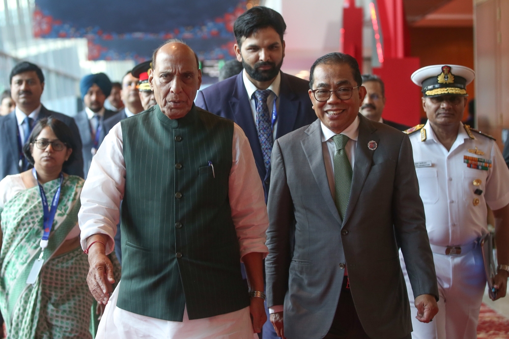 Defence Minister Datuk Seri Mohamed Khaled Nordin (right) and India Defence Minister, Shri Rajnath Singh (left) are pictured at the 19th Asean Defence Minister Meeting (ADMM) in Kuala Lumpur October 31, 2025. — Picture by Yusof Mat Isa