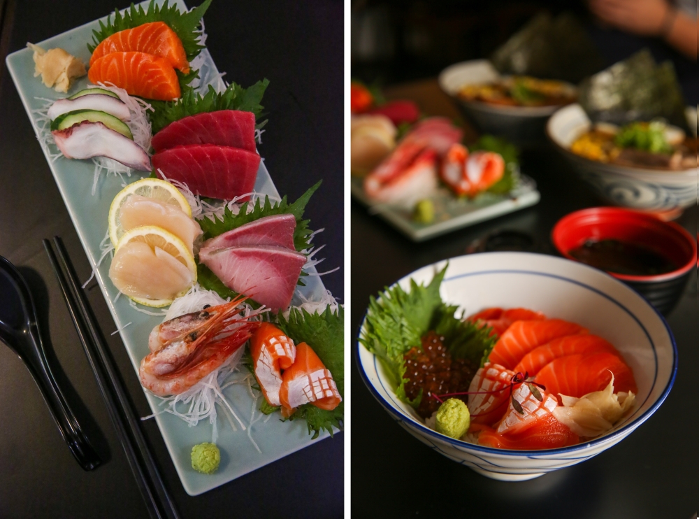 Nanashu Moriawase offers the widest spread of sashimi on the menu (left). The salmon ‘oyako don’ is a play on the common chicken-and-egg ‘oyakodon’ (right). — Pictures by Choo Choy May