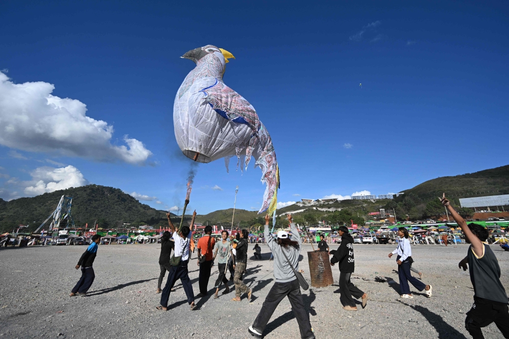 Participants celebrate after they released an animal-shaped hot air balloon during the Tazaungdaing Lighting Festival in Taunggyi in Myanmar's northeastern Shan State on October 31, 2025. — AFP pic