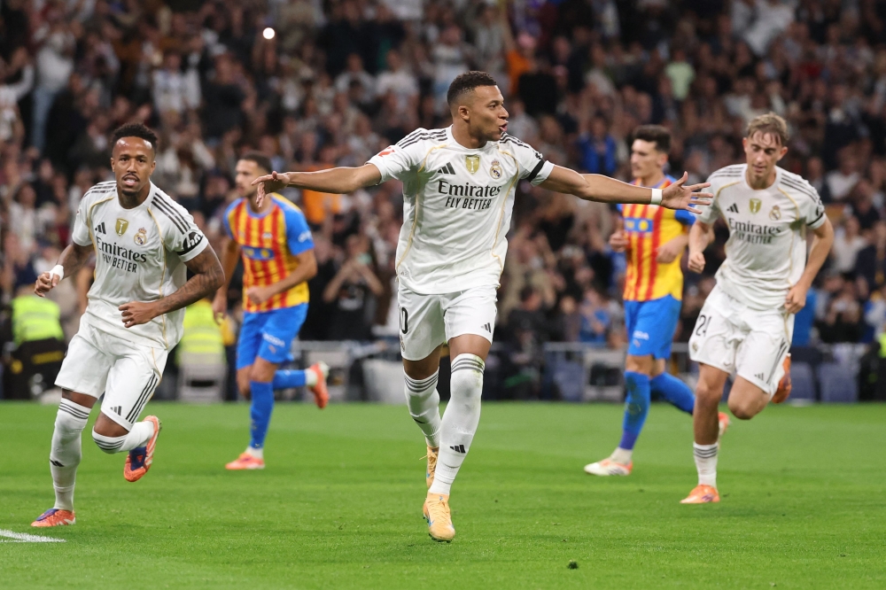Real Madrid’s French forward #10 Kylian Mbappe celebrates scoring the opening goal during the Spanish League football match between Real Madrid CF and Valencia CF at Santiago Bernabeu Stadium in Madrid November 1, 2025. — AFP pic