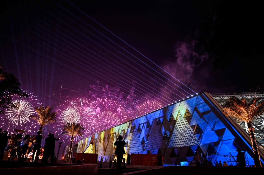 Fireworks light up the sky during the opening ceremony of the Grand Egyptian Museum (GEM) in Giza, on the southwestern outskirts of the capital Cairo on November 1, 2025. — AFP pic