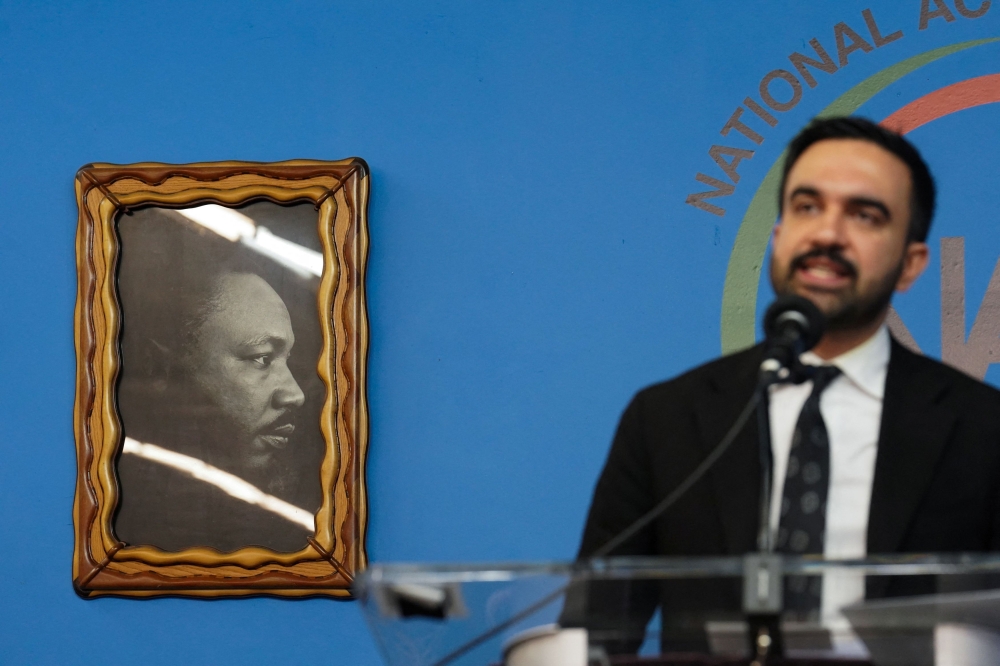 Democratic candidate for New York City mayor, Zohran Mamdani speaks next to a picture of Martin Luther King Jr. at the National Action Network House of Justice in New York City, US November 1, 2025. — Reuters pic