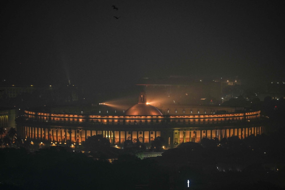 A general view shows the Parliament House engulfed in dense smog in New Delhi on November 1, 2025. — AFP pic
